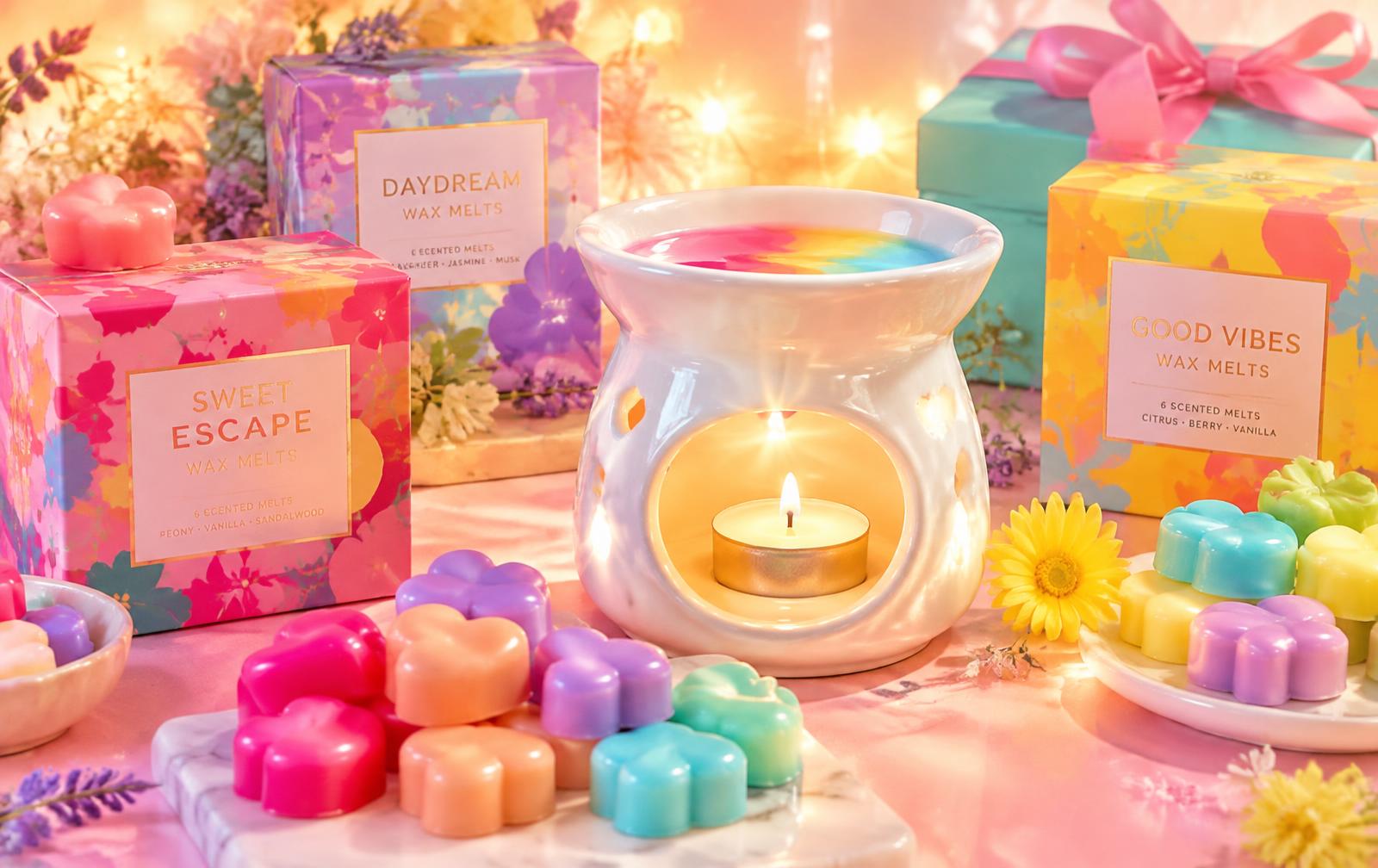Colourful wax melts and a glowing burner